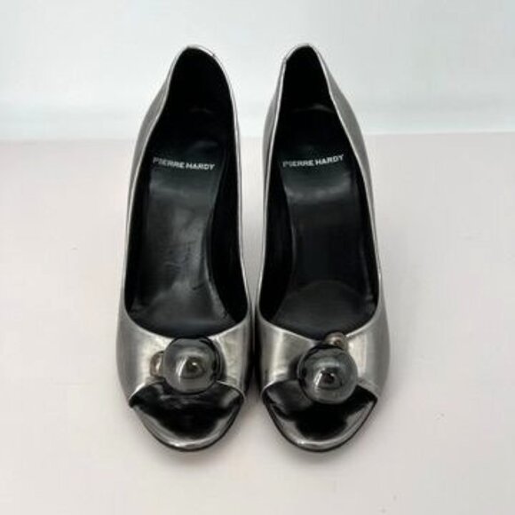 Pierre Hardy Womens Silver Metallic Leather Peep Toe Heels size 8 / 38.5 - Picture 2 of 11